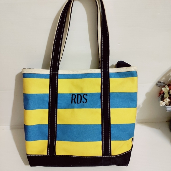Rare Vintage LL Bean Heavy Canvas Two-Tone Yellow  Blue Trim Boat & Tote Bag USA - Picture 1 of 11